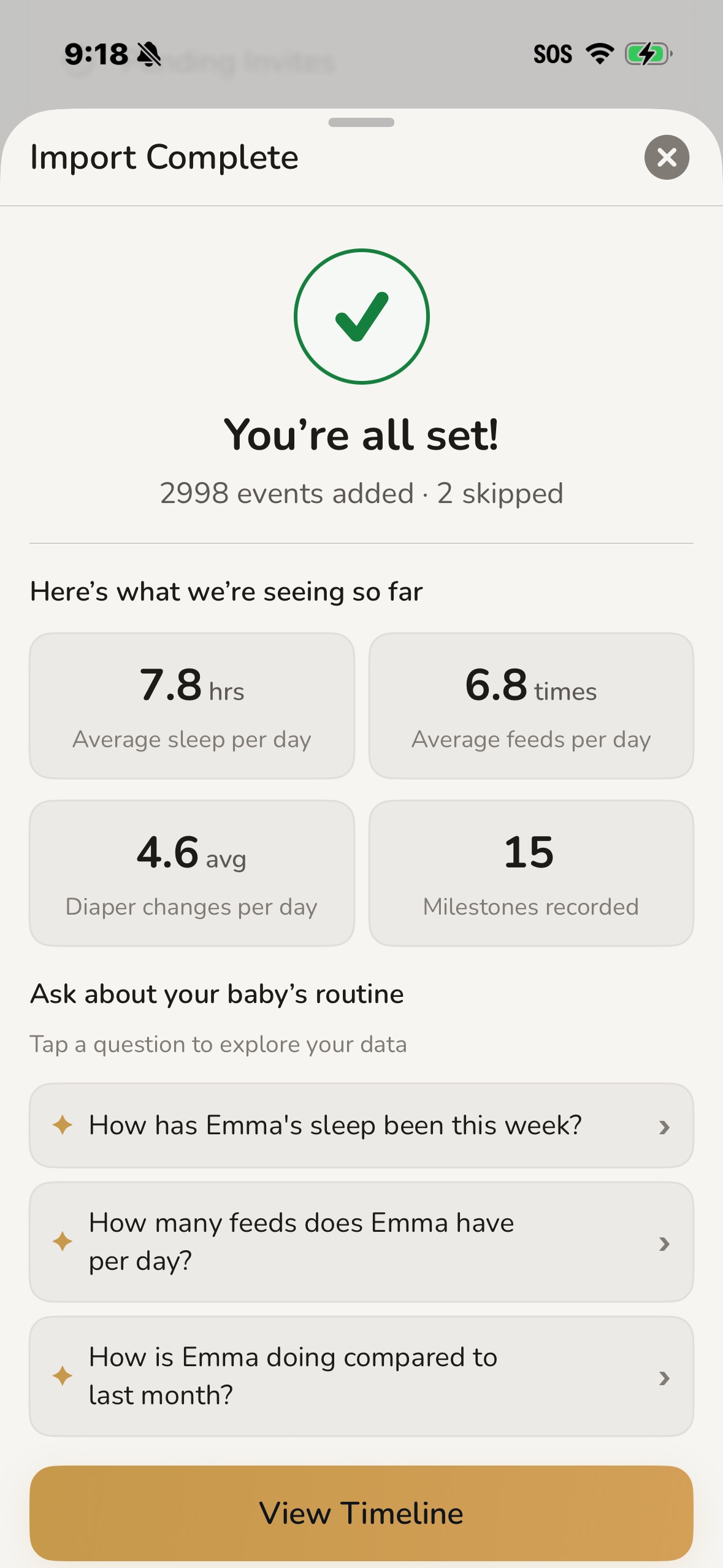 Robin Baby app interface showing detailed imported data